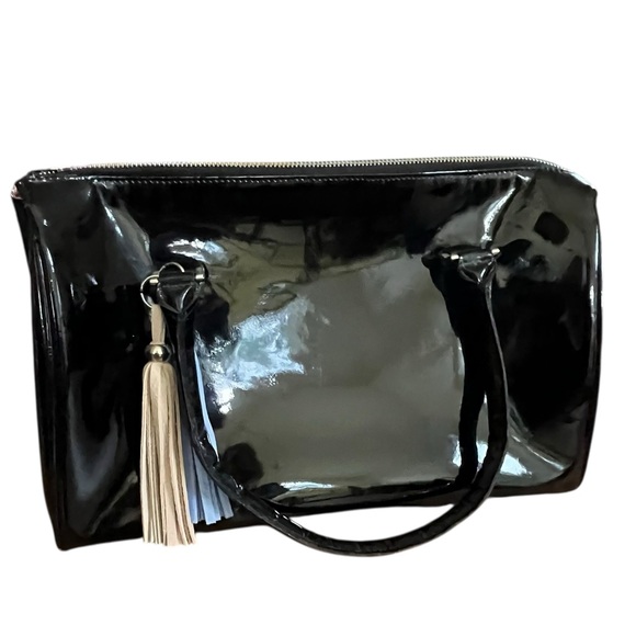 June NWT Classic Black Patent Leather Satchel Handbag w/ Pink Interior - Picture 1 of 13